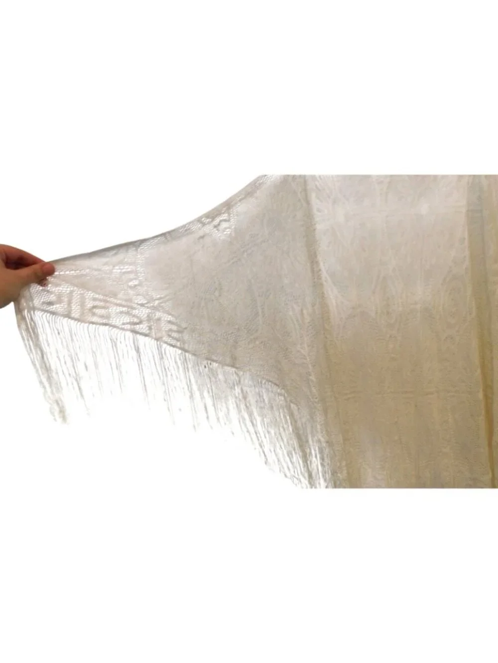Vintage Cream Off White Crocheted Fringe Shawl Intricate Pattern 54